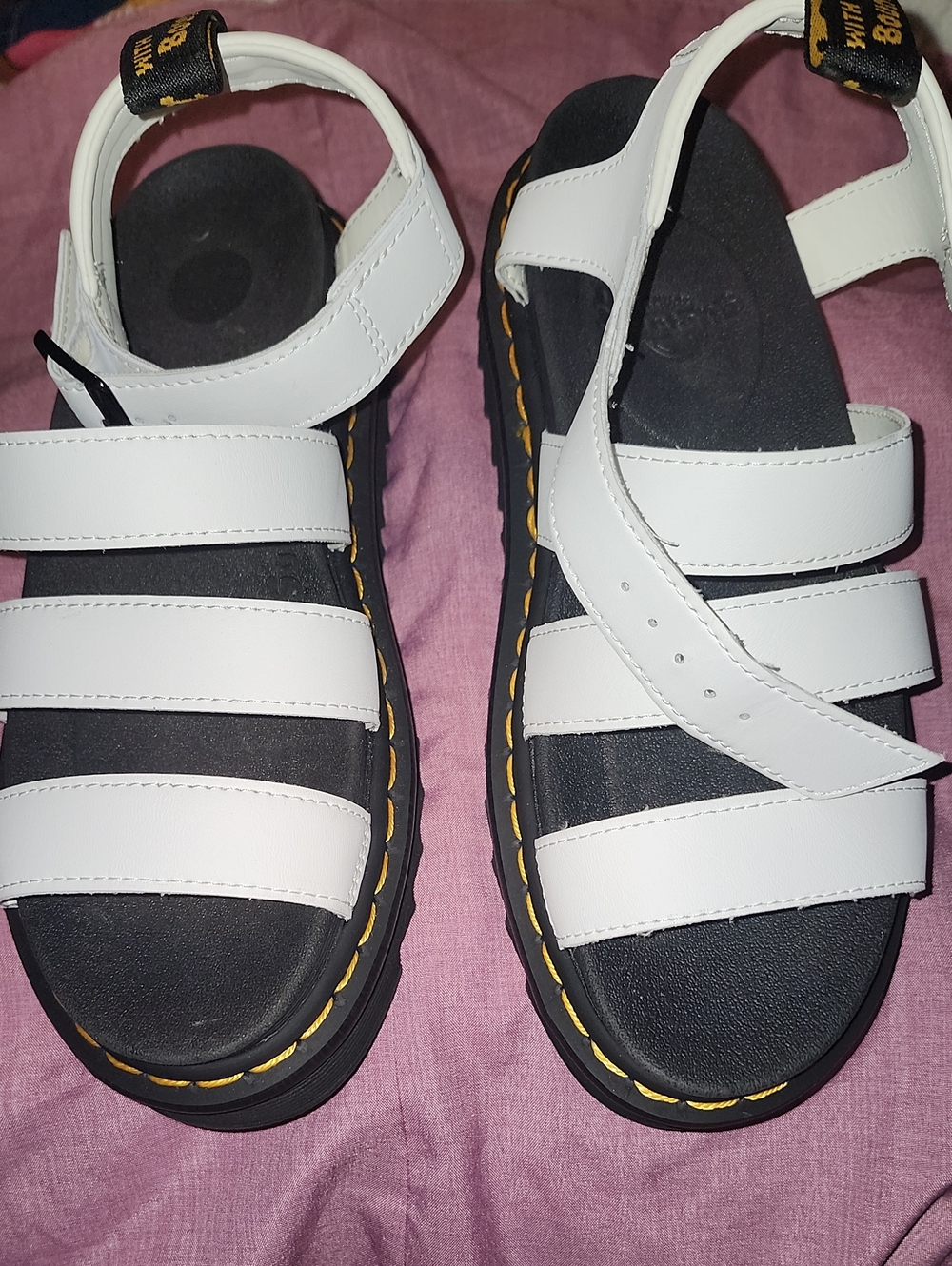 Dr. Martens White Triple-Strap Sandals with Yellow Stitching
